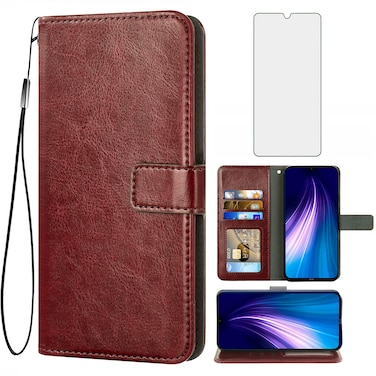 Asuwish Compatible with Xiaomi Redmi Note 8 Pro Wallet Case Tempered Glass Screen Protector Flip Card Holder Stand Cell Accessories Phone Cases for Xiami Xiomis Xiome Redme Note8 8pro Women Men Brown
