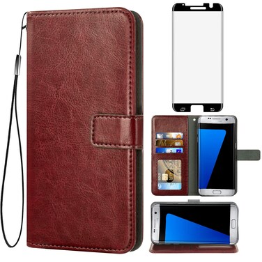 Asuwish Compatible with Samsung Galaxy S7 Edge Wallet Case Tempered Glass Screen Protector Flip Cover Card Holder Accessories Phone Cases for Glaxay S7edge Gaxaly S 7 Plus Galaxies GS7 7s 7edge Brown