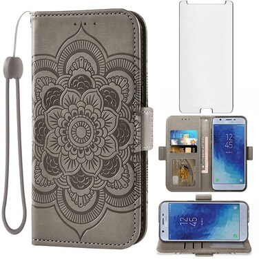 Compatible with Samsung Galaxy J7 Star J 7 Crown 7J Refine 2018 J7V V 2nd Gen Wallet Case Tempered Glass Screen Protector Flip Cover Card Holder Cell Phone Cases for Glaxay Aura S767VL SM J737V Gray