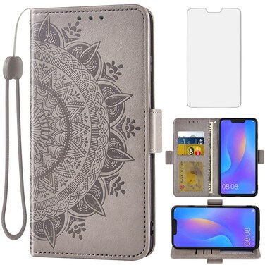 Asuwish Compatible with Huawei Nova 3i/P Smart+ 2018 Wallet Case Tempered Glass Screen Protector Card Holder Flip Wrist Strap Stand Cell Phone Cover for Hawaii Nova3i i3 PSmart Plus Men Grey