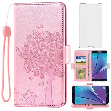 Asuwish Compatible with Samsung Galaxy Note 5 Wallet Case and Tempered Glass Screen Protector Flip Wrist Strap Card Holder Stand Cell Phone Cover for Glaxay Note5 Gaxaly Notes 5s Five Women Rose Gold