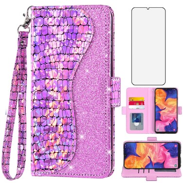Asuwish Phone Case for Samsung Galaxy A10e Wallet Cover with Screen Protector and Wrist Strap Flip Credit Card Holder Bling Glitter Stand Cell Glaxay A 10e Gaxaly 10ae S102DL6 Women Girls Pink