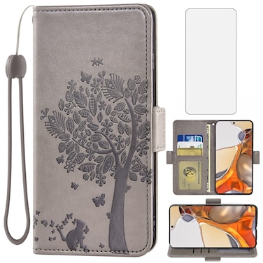 Asuwish Compatible with Xiaomi Mi 11T/Mi11T Pro 5G Wallet Case and Tempered Glass Screen Protector Flip Purse Wrist Strap Credit Card Holder Stand Cell Phone Cover for Mi11TPro T11 G5 Women Men Gray