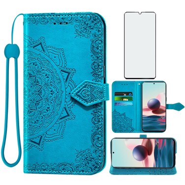 Asuwish Compatible with Xiaomi Redmi Note 10/10S 4G Wallet Case and Tempered Glass Screen Protector Flip Cover Card Holder Cell Accessories Phone Cases for Redme Note10 S Note10S Women Men Blue