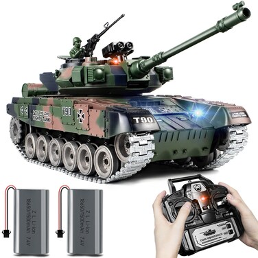 Supdex RC Tank, 1:18 RUS T-90 Alloy Metal Remote Control Model Army Tank Toys, 2.4Ghz Military Tank with Smoke, Sound and Lights, RC Vehicle That Shoots BBS and Water Bombs for Adults and Kids