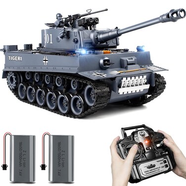 Supdex 1:18 Remote Control Tank, 2.4Ghz WW2 German Tiger I RC Tank Model Toys, Battle Army Tank 15 Channel with Smoke Light and Sound, Military Toy for Adults and Kids That Shoots BBS and Water Bombs