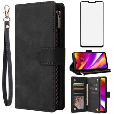 Asuwish Compatible with LG G7 ThinQ Wallet Case and Tempered Glass Screen Protector Flip Cover Card Holder Cell Phone Cases for LGG7 One G 7 Plus LG7 Fit LG7ThinQ 7G Thin Q G7+ G7thinq LGG7thinq Black