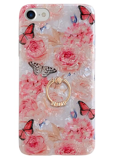 Qokey Compatible with iPhone SE Case 2022/2020,iPhone 8/ 7 Case 4.7 inch Flower Cute Fashion Cover for Women Girl 360 Degree Rotating Ring Kickstand Soft TPU Shockproof Rose Butterfly