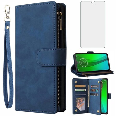 Asuwish Compatible with Moto G7/G7+/Revvlry Plus Wallet Case Tempered Glass Screen Protector and Flip Cover Card Holder Phone Cases for Motorola G7Plus Moto7 XT1962-1 G 7 7G Tmobile Revvlry+ Blue