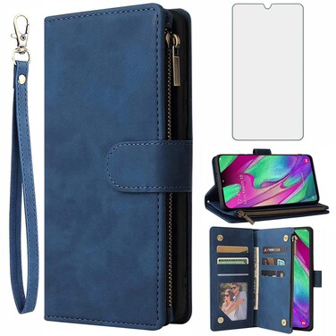 Asuwish Compatible with Samsung Galaxy A50 Wallet Case Tempered Glass Screen Protector and Flip Cover Card Holder Cell Accessories Phone Cases for Glaxay A 50 Gaxaly S50 50A SM A505G Women Men Blue