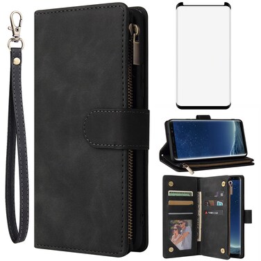 Asuwish Compatible with Samsung Galaxy S8 Wallet Case Tempered Glass Screen Protector and Leather Flip Cover Card Holder Stand Cell Accessories Phone Cases for Glaxay S 8 Gaxaly 8S Edge SM-G950U Black