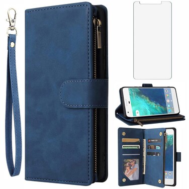 Asuwish Compatible with Google Pixel XL Wallet Case Tempered Glass Screen Protector and Leather Flip Cover Card Holder Cell Accessories Phone Cases for Pixle 1 XL One Pixel1 1XL 2016 Women Men Blue