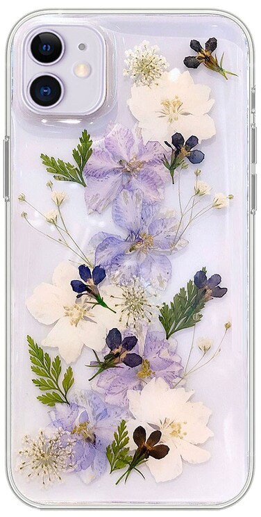 Abbery for iPhone 11 Flower case, Cute Clear Soft TPU Flexible Rubber Pressed Dry Real Flowers Case Blue White Flower Case for iPhone 11 (Navy Flower)