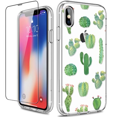 GiiKa for iPhone X Case, iPhone Xs Case, Clear Full Body Shockproof Protective Floral Girls Women Hard Case with TPU Bumper Cover Phone Case for iPhone Xs, Green Cactus