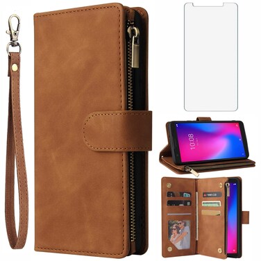 Asuwish Compatible with ZTE Avid 579 Z5156CC Wallet Case and Tempered Glass Screen Protector Leather Flip Cover Card Holder Stand Cell Accessories Phone Cases for ZTE Blade A3 2020/A3 Joy Women Brown