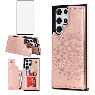 Asuwish Phone Case for Samsung Galaxy S23 Ultra 5G with Tempered Glass Screen Protector and Wallet Cover Leather Flip Credit Card Holder Stand Cell S23ultra 23S S 23 S23ultra5g Women Men Rose Gold