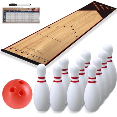 Mini Kids Bowling Set &ndash; Bowling Pins &amp; Ball Game Set &ndash; Full Bowling Alley Games Toys &amp; Score Cardfor Kid Age 5+ &amp; Adult &ndash; Home Indoor Outdoor Backyard Lawn Yard (10 Pins, 1 Ball, 1 Lane Mat)