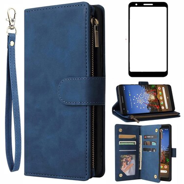 Asuwish Compatible with Google Pixel 3a XL Wallet Case Tempered Glass Screen Protector and Flip Cover Card Holder Cell Accessories Phone Cases for Pixel3aXL Pixle 3aXL A3 Pixel3a LX Women Men Blue