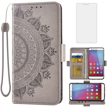 Asuwish Compatible with Huawei Honor 5X Wallet Case Tempered Glass Screen Protector Credit Card Holder Flip Purse Accessories Wrist Strap Cell Phone Cover for Hawaii GR5 Honor5X X5 Men Grey