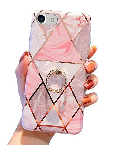 Qokey Compatible with iPhone SE Case 2022/2020,for iPhone 7 Case,for iPhone 8 Case 4.7" Marble Cute Cover for Women Girls 360 Degree Rotating Ring Kickstand Soft TPU Shockproof Cover Rose Gold
