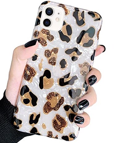 J.west for iPhone 12 Case/iPhone 12 Pro Case 6.1 inch,Luxury Glitter Sparkle White Leopard Cheetah Print Translucent Clear Soft Silicone Protective Phone Case Cover for Girls Women (Leopard)