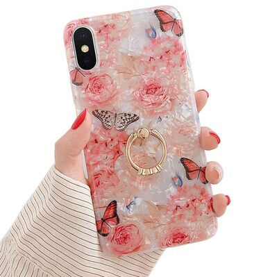 Qokey for iPhone Xs Max Case,Clear Flower Case Cute Fashion for Women Girls with 360 Degree Rotating Ring Stand Holder Kickstand Soft TPU Shockproof Cover for iPhone Xs Max 6.5 Inch Rose Butterfly