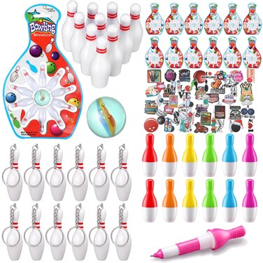 Deekin Bowling Party Favors 12 Pack Bowling Pin Keychain 12 Pcs Bowling Ballpoint Pen 12 Pcs Mini Bowling Set 50 Pcs Bowling Stickers Bowling Party Favors Goodie Bag Fillers and Small Prizes