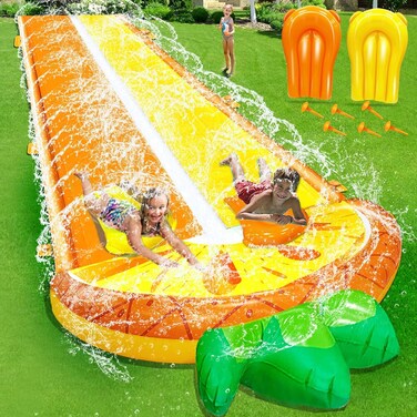 [ 3 Sided Safe Fence ] Pineapple Lawn Water Slides with 2 Bodyboards for Kids Adults, Heavy Duty Water Toys Sprinkler 2 Race Lane Outdoor Summer Beach Swimming Pool Water Game Party, 18 x 5.6 ft