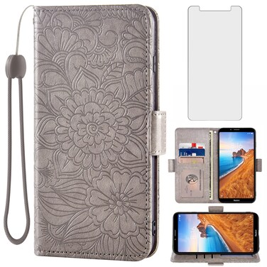 Compatible with Xiaomi Redmi 7A Wallet Case and Tempered Glass Screen Protector Card Holder Stand Magnetic Leather Flip Credit ID Slot Cell Accessories Phone Cover for Redmi7A Redme A7 Women Men Grey