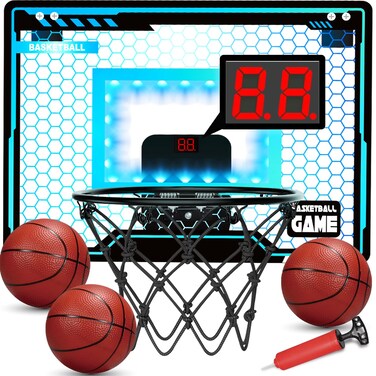 Folimix Mini Basketball Hoop Indoor for Kids, Basketball Hoop Over The Door with LED Lighting, Electronic Scoreboard &amp; 3 Balls, Basketball Toys Gifts for 5 6 7 8 9 10 11 12 Year Old Boys Christmas