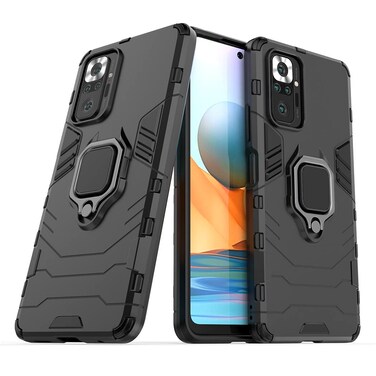Compatible with Xiaomi Mi Redmi Note 10 Pro, Redmi Note10 Pro Max Case, Metal Ring Grip Kickstand Shockproof Hard Bumper (Works with Magnetic Car Mount) Dual Layer Rugged Cover (Black)