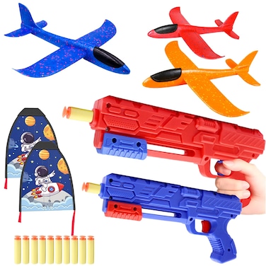 Ccinnoe Airplane Launcher Toy with 3 Foam Glider Planes, 2 Launchers, 2 Kites, 10 Soft Bullets, Catapult Plane Toys for Kids, Outdoor Flying Toy for Ages 3 4 5 6 7 8 9 10 11 12 Years Boys Girls