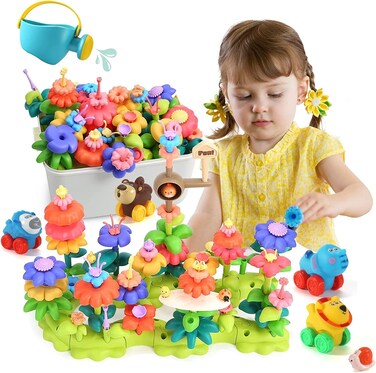Flower Gardening Building STEM Toys Kids Garden Building Blocks Kit with Storage Case Animal Press&amp; Go Cars-Pretend Gift for Girls Kids Toy - Educational Activity for Children Age 3 4 5 6 7 Year Old