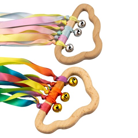 Set of 2 Rainbow Hand Ribbon Kites with Bells - Cloud Rainbow Wind Wand Hand Kite Ribbon - Wooden Sensory Educational Tool for Kids&#39; Birthday Party Gifts