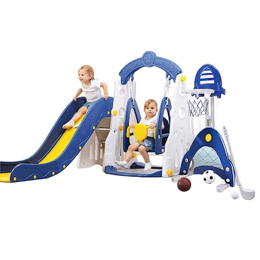6-in-1 Toddler Slide, Kid Slide for Toddlers Age 1-3, Basketball Hoops, Football Gate, Golf Set, Slide and Swing Set, Indoor Outdoor Slide Toddler Playset Toddler Playground