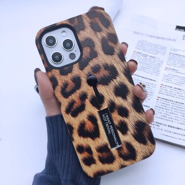 MADINCN Compatible with iPhone 12 Pro Max Case Finger Grip,3D Embossed Leopard Design, Rugged Shockproof Slim Fit Dual Layer Finger Ring Loop Strap Case, Invisible Bracket Phone case (Yellow)