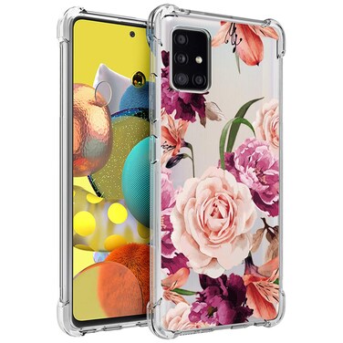 Osophter for Galaxy A51 5G Case Clear Transparent Flower Floral for Girls Women Reinforced Corners TPU Shock-Absorption Flexible Cell Phone Cover for Samsung Galaxy A51 5G(Purple Flower)