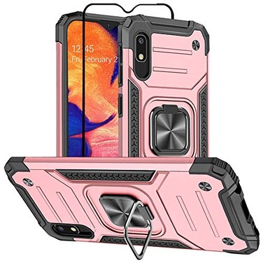 Samsung Galaxy A10e Case, Samsung a10e Case, with Tempered Glass Screen Protector, Hard Rubber Bumper with 360&deg; Rotation Ring Kickstand Cases for Samsung Galaxy A10e (Rose Gold)