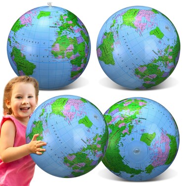 Pangda 4 Pcs 24 Inches Inflatable Globe Giant Blow up PVC World Globe Beach Ball Swimming Pool Toys for School Classroom Geography Playing Teaching Party Favors Decorations, main light blue
