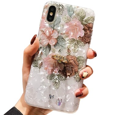 Qokey Compatible with iPhone XS Max Case,Flower Case Cute Fashion for Men Women Girls with 360 Degree Rotating Ring Kickstand Soft TPU Shockproof Cover Designed for iPhone XS Max 6.5 Inch Brown Floral