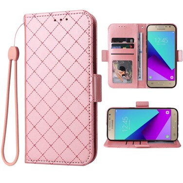 ELISORLI Wallet Case for Samsung Galaxy Grand Prime J2 Prime with Wrist Strap Grid Luxury PU Leather Flip Card Holder Stand Purse Slot TPU Full Body Shockproof Slim Phone Cover for 2 2J Plus Pink