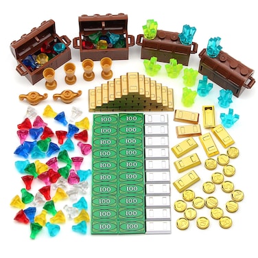 Feleph Treasure Accessories Money Building Blocks Set Jewel Chest, Gems Diamonds, Bullion Gold Tile Silver Bar, Power Crystals, Coins, Goblet, 100 Dollar Bill Cash Toy Brick