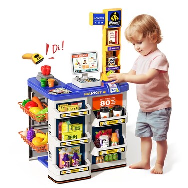 Eohemeral 61 Pcs Toy Cash Register for Kids with Scanners, Calculator, Cards, Shopping Bag, Play Food, Weighing Tool-Grocery Game Set Gift for Toddler Ages 3 4 5 6 7 8, 16.5x17.3x32.3in