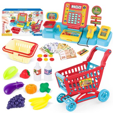 deAO Pretend Play Register, Kids Cash Register Toy with Real Calculator/Toy Scanner/Shopping Cart/Play Money/Basket/Play Food, Learning Toys Gifts for 4-8 8-12 Kids Boys Girls,Blue