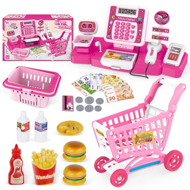 deAO Pretend Play Register, Kids Cash Register Toy with Real Calculator/Toy Scanner/Shopping Cart/Play Money/Basket/Play Food, Learning Toys Gifts for 4-8 8-12 Kids Boys Girls,Pink