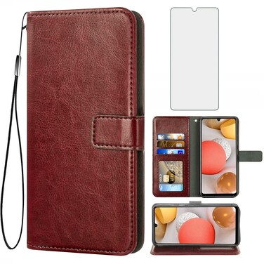 Asuwish Compatible with Samsung Galaxy A42 5G Wallet Case Tempered Glass Screen Protector and Leather Flip Card Holder Stand Cell Phone Cases for Glaxay A 42 G5 Gaxaly 42A S42 4G 2021 Women Men Brown