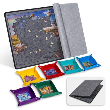 Becko US Jigsaw Puzzle Board with 6 Sorting Trays &amp; Felt Cover, Foldable Puzzle Mat with Auxiliary Lines for Puzzle Storage Saver, Lightweight &amp; Portable, for 1000 750 500 Piece Jigsaws Puzzles