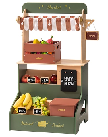 ROBUD Pretend Play Grocery Store with Lights, Supermarket Playset for Kids, Interactive Wooden Play Market Stand, Gift for 3+ Kids Boys Girls (Vintage Green)