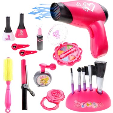 PowerTRC Dress Up Make Up Salon Beauty Play Set   Realistic Pretend Play Set   Fashion Kit for Girls   Hair Dryer, Makeup Set, Brushes &amp; Accessories
