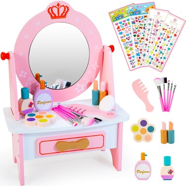 Wooden Vanity Set for Kids, Pretend Play Toddler Makeup Vanity Table Toys with 360&deg; Rotatable Mirror, Beauty Salon Set Includes Makeup Accessories &amp; Bonus Stickers, Little Girls Gift Age 3+